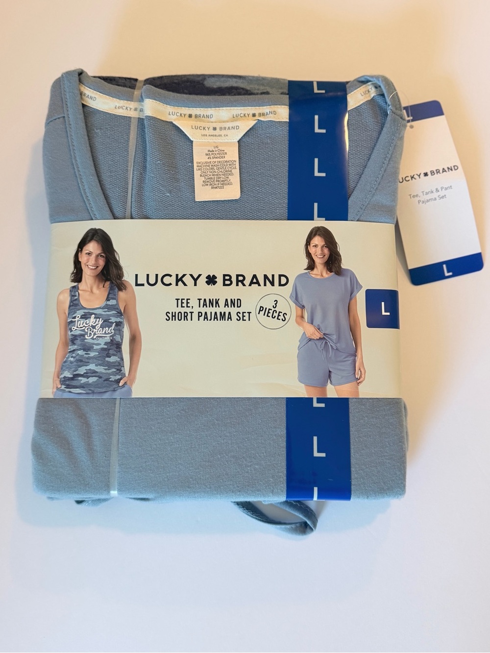 NWT Lucky Brand Light Blue 3-Piece Tee, Tank & Short Pajama Set - L